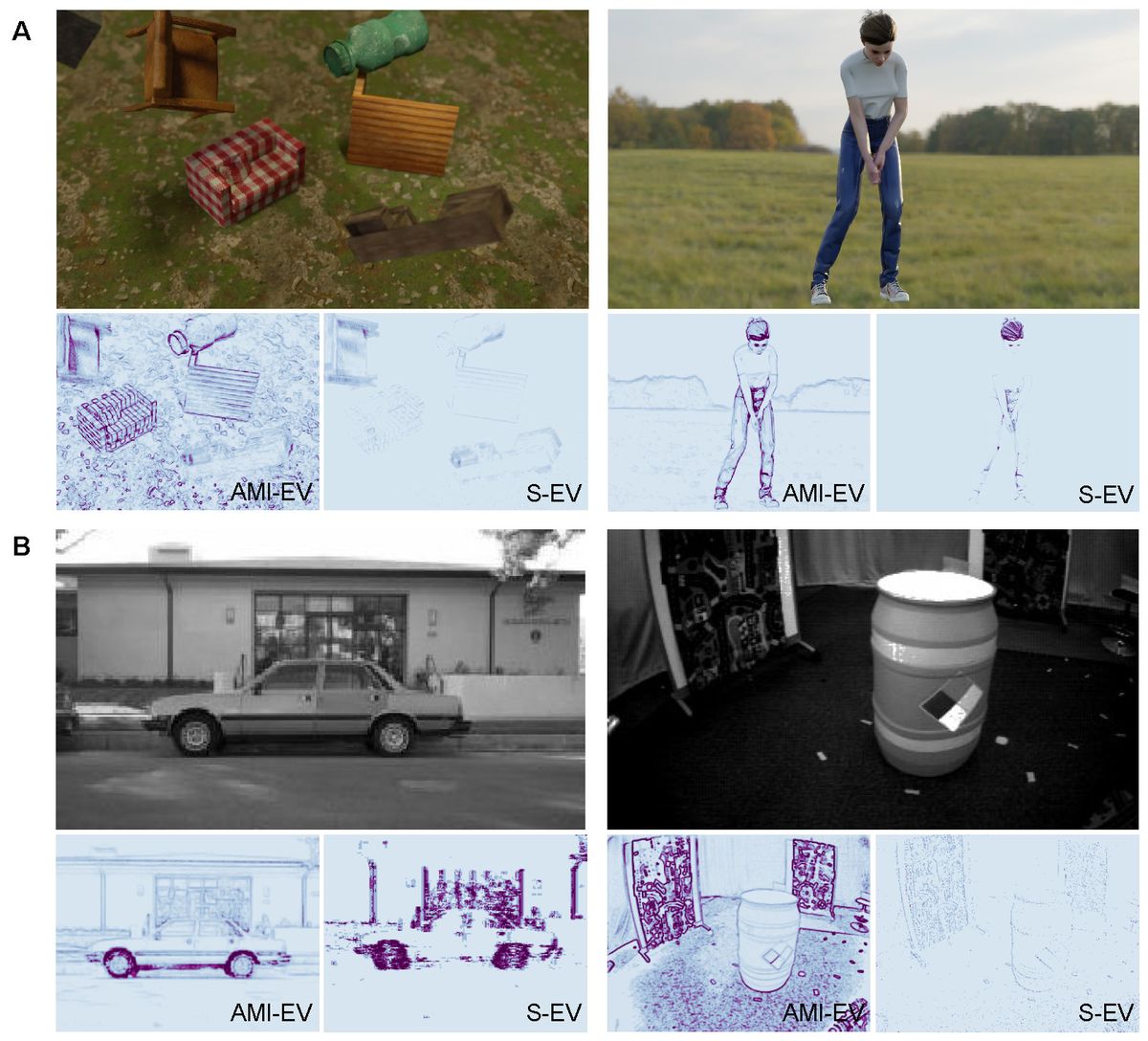 Simulator output: rendered scenes with moving objects and a golf scene, and event images translated from dataset images, each shown for AMI-EV and a standard event camera